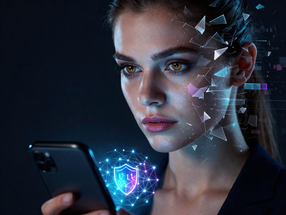 Портрет женщины с цифровым глитч-эффектом на лице и смартфоном с символической визуализацией нейросети, олицетворяющий проблему ответственности за дипфейк-контент