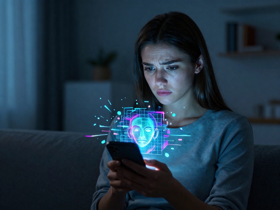 Молодая женщина с тревожным выражением лица смотрит на смартфон с абстрактной визуализацией распознавания лица, символизирующей угрозу дипфейков и нарушение цифровой приватности.