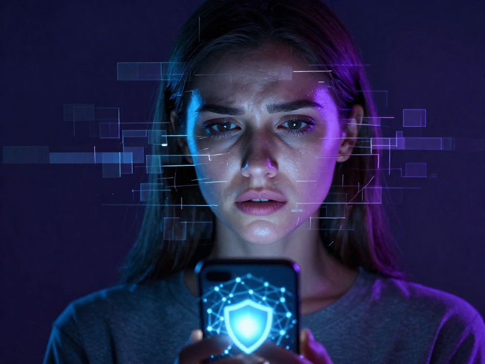 Женщина с лицом, искажённым цифровым глитч-эффектом, смотрит на смартфон с символом защиты, иллюстрация темы ответственности за дипфейк-контент.
