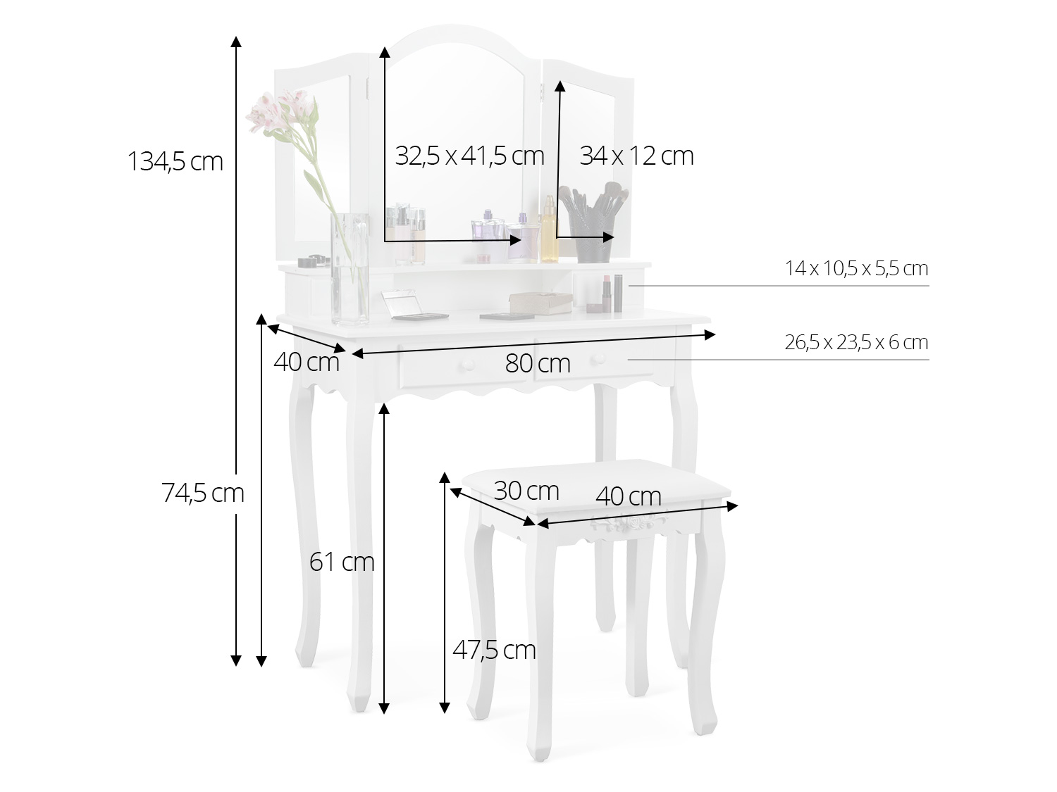 модель Massido Cosmo белого цвета габариты туалетного столика ширина 80 см / глубина  40 см / высота 134,5 см / высота верха: 74,5 см / высота до рабочей поверхности 61 см